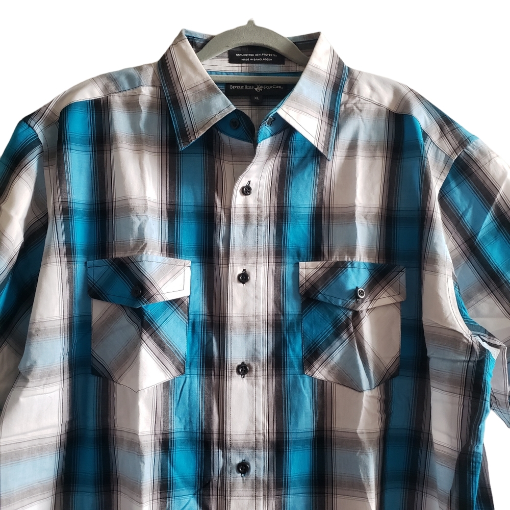 Beverly Hills Polo Club Short Sleeve Plaid Button Up Shirt